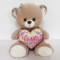Ours en peluche blanc/brun brillant tenant un cœur rouge avec inscription « Je t'aime » dans la main, jouet en peluche pour animaux