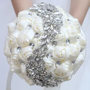 Hot Sale Holding Flower Bridal Bouquet Silk Rose Crystal Diamond Ribbon Hand Bridal Bouquets for Wedding