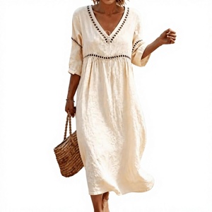 Robe mi-longue en lin bleu sarcelle faite à la main, col en V, taille empire, manches trois quarts, style tunique simple, respirante, pour femme, idéale pour l'été - Product Image 6