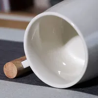 Mug à café nordique simple de 14 oz avec poignée en bois, tasse en céramique créative avec couvercle en bois, cuillère, coffret cadeau