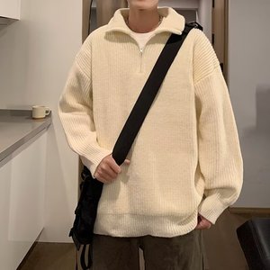 <span class=keywords><strong>Pull</strong></span> à col à revers pour homme, coupe ample, automne-hiver, couleur unie, demi-zip, tricoté en polyester, chaud, style coréen, chemise de base intérieure - Product Image 4