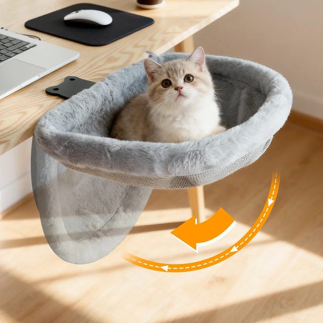 Cat Desk Bed Plush Cat Hammock Foldable Desk Clip Pet Bed Suitable for Various Desktop Computers