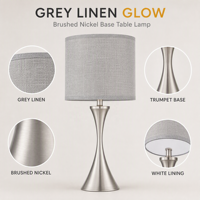 Lampe de table en lin gris avec base en nickel brossé et abat-jour en tissu, lampe de chevet à une lumière, lampe de table à tête unique avec abat-jour en lin
