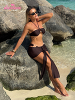 Ensemble de bikini en polyester uni pour femmes, maillot de bain trois pièces, sexy, tendance, vêtements de plage, maillot de bain de resort, vente en gros