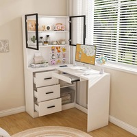 Bureau d'angle en L pour étudiant avec éclairage LED, vitrine en verre et bibliothèque à 3 tiroirs, MOQ 100