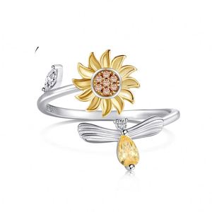Dylam <b>Dainty</b> Dichroic Plating 925 Sterling Silver Sunflower Bee Shape Adjustable Open Anxiety Spinning <b>Rings</b> for Women - Product Image 1