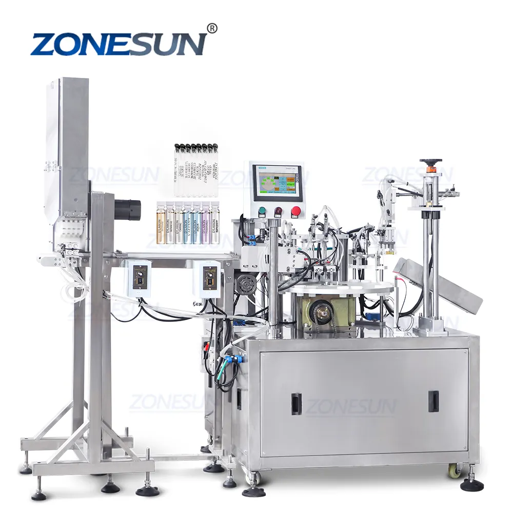 ZONESUN ZS-AFC17自動モノブロックダブルヘッドセラミックポンプ化粧品少量液体香水バイアル充填圧着機