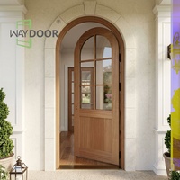 Porte d'entrée simple à battant vers l'intérieur en bois massif acajou, 6 panneaux, finition personnalisée, arche ronde