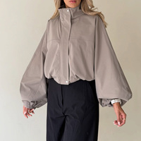 Blouson bomber coupe courte personnalisé pour femme, coupe oversize, col montant, manches ballon, fermeture éclair, uni, décontracté, streetwear, vêtement d'extérieur