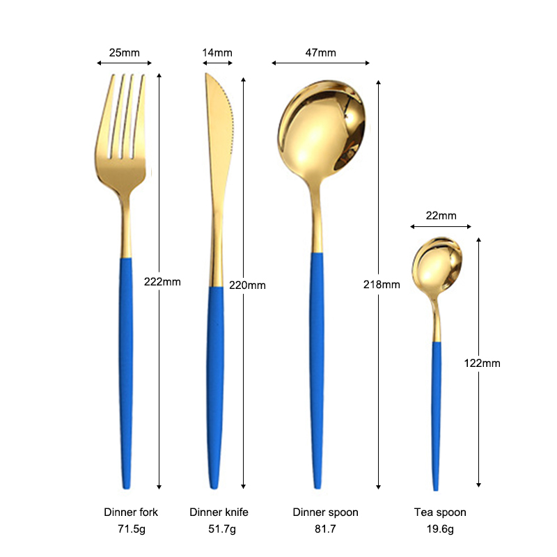Espejo oro + Mango azul-Set de 4 piezas