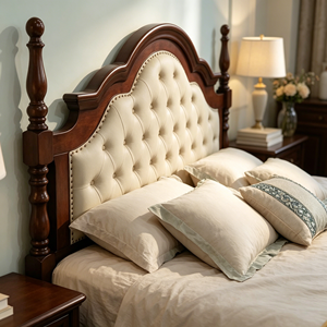 Traditional Upholstered Wooden Bed Frame Queen Size Mahogany Solid Wood Soft Bed with Tufted Headboard and Spindle Posts - Product Image 5