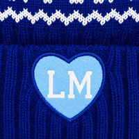 Bonnet à pompon personnalisé avec logo, en tricot épais extensible 100% acrylique, avec patch brodé jacquard en forme de cœur, idéal pour les sorties décontractées et les tenues de campus