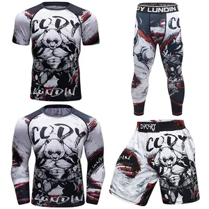 Individuelles 4-teiliges Set MMA Jiu Jitsu Schutz-T-Shirt + Hosen Herren Bjj Gi Kickboxing Jerseys Junge Muay Thai Shorts Boxschuhe Strumpfhosen