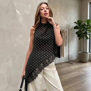 Custom Women's <b>Asymmetric</b> Polka Dot Chiffon Sleeveless <b>Top</b> Lace <b>Hem</b> | Stand Regular Fit Tank Blouse | Casual Spring Button - Product Image 3
