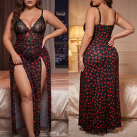 Robe longue grande taille sexy transparente dos nu imprimé cerises en polyester avec patchwork de dentelle et maille rouge, robe maxi pour soirée et club