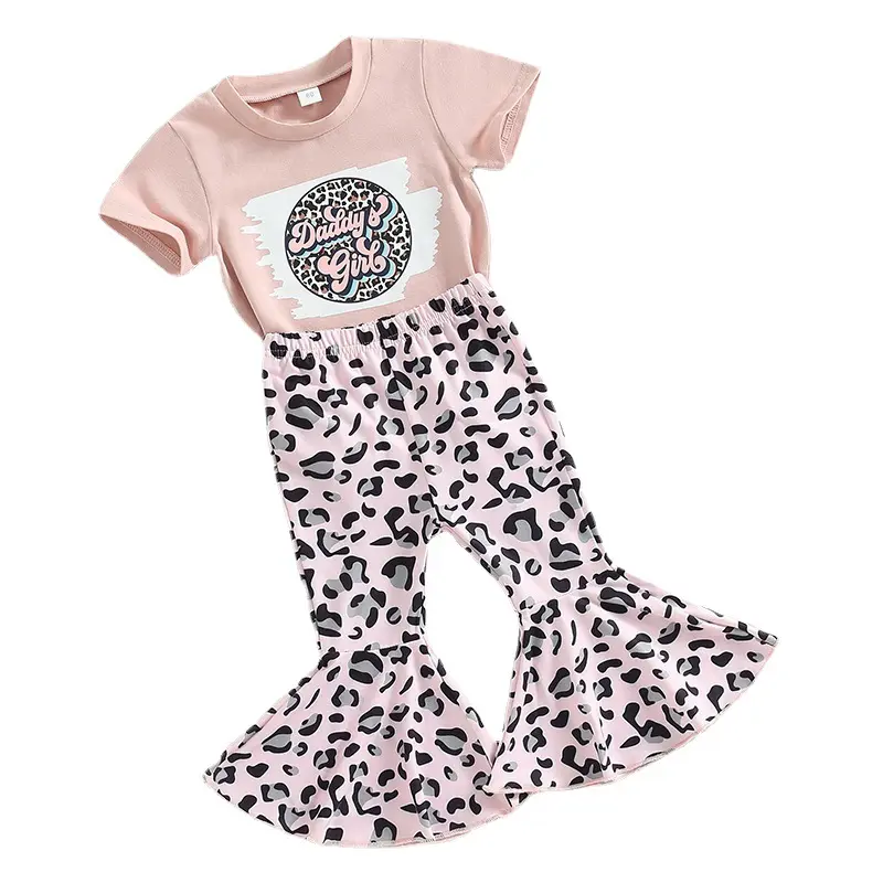 RTS rosa Leopard Papas Mädchen drucken Top ausgestellte Hose zweiteilige Sommer Baby Mädchen Kleidung Sets