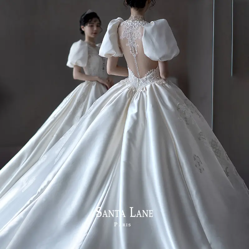 1323 Super Fairy Puff Sleeves Satin Big Tail Court Wedding Dresses Luxury Elegant Appliqued Bridal Gowns 2024