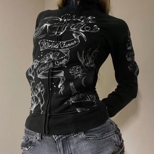 Sweat-shirt zippé décontracté en tricot pour femme, Halloween, hiver, imprimé floral rétro foncé, col montant, veste coupe-vent écologique - Product Image 3