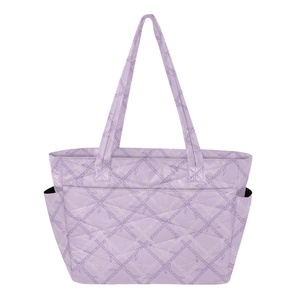 กระเป๋าโท้ทผ้าโพลีเอสเตอร์แบบมีซิปปิดลายใบไทรพร้อมโลโก้สั่งทำพิเศษสำหรับผู้หญิง กระเป๋าสะพายไหล่สำหรับช้อปปิ้งและโยคะ มีช่องด้านข้าง - Product Image 1