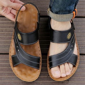 Sandalias de cuero genuino para hombre con tiras cruzadas, suela gruesa antideslizante, casuales de verano, punta abierta, suela de goma - Product Image 1
