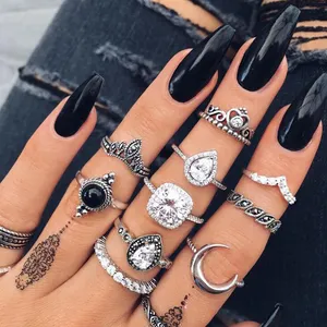 Hot Menjual Vintage Joint Ring Set Gaya Bohemian Hitam Batu Permata Kerawang Mahkota Air Drop Bulan Daun Finger Ring Set