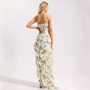 Off Shoulder <b>Spaghetti</b> Strap Chiffon Floral Print Evening Dress Empire Waistline <b>Long</b> Length Women's Formal Wear - Product Image 2