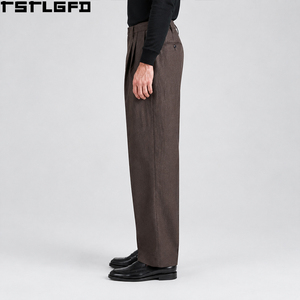 Oem Odm Double Pleated <b>Trousers</b> <b>Men</b> Chocolate Brown Linen Cotton Blend High Waisted <b>Wide</b> <b>Leg</b> Smart Casual Wholesale Bulk - Product Image 2
