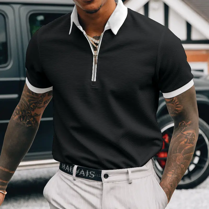 Polo Shirt Men'S Clothing Fashion Zipper Solid color Short Sleeve Turn-down Collar Zipper Tops
