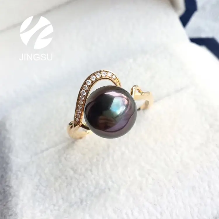 Wholesale diamonds ring wedding natural color hign luster top quality tahitian pearl gift with 18K gold jewelry party