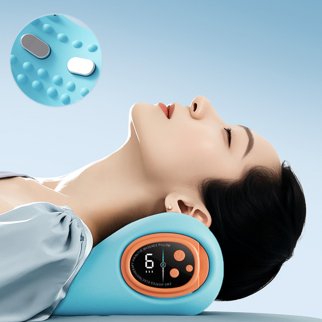 The Blue Electric Portable Multi-functional Cervical Massage Pillow Features Massage and Neck Muscle Relaxation Functions