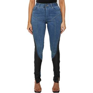 กางเกงยีนส์เดนิมสีน้ำเงินทรงสกินนี่เอวสูงแต่งหนังสีดำแบบปะติดปะต่อ ตัดเย็บด้วยตะเข็บคอนทัวร์ สำหรับผู้หญิง สั่งทำได้ - Product Image 5