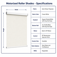 Stores à enroulement motorisés en polyester semi-transparent blanc crème avec télécommande RF, rail supérieur carré et rail inférieur en arc, sur mesure pour la maison