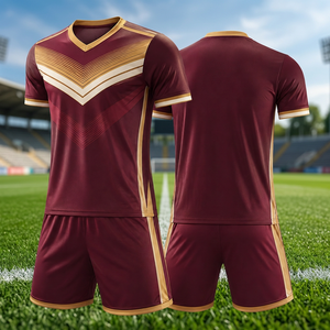 Maillot de football pour homme, couleur bordeaux et or, motif géométrique, manches courtes, col en V, tissu polyester respirant - Product Image 2