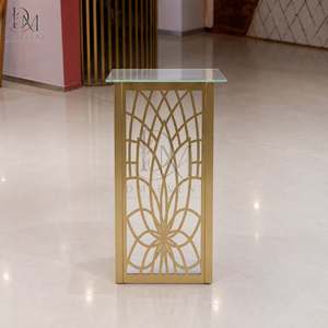 Custom Gold <b>Stainless</b> <b>Steel</b> Detachable Square Floral Frame Cocktail <b>Table</b> with Mirrored Tempered Glass Top for Wedding Events - Product Image 2