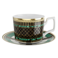 Assiette de luxe en céramique verte à motif arabesque, bord doré et noir, vaisselle en porcelaine pour hôtels et restaurants, vente en gros
