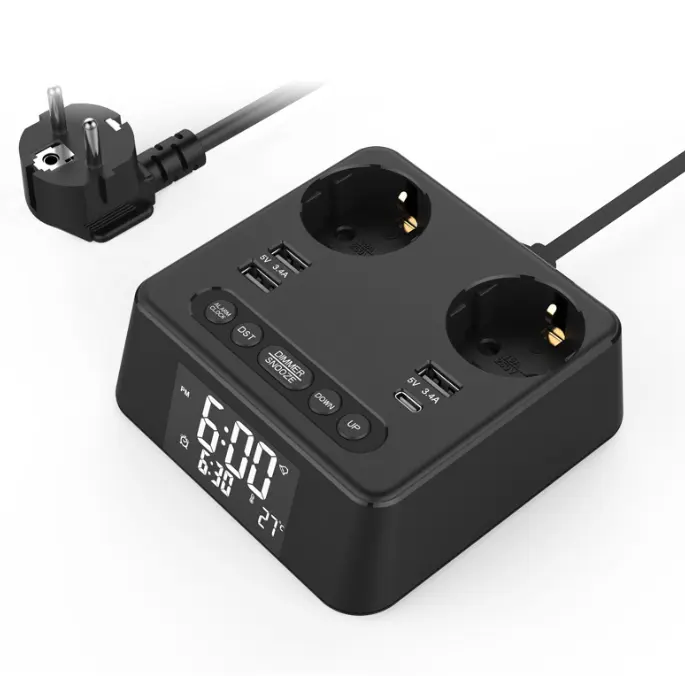 EU Power Strip Multiple Socket with 4 USB Built-in LED Digital Alarm Clock Dual Alarm Clock