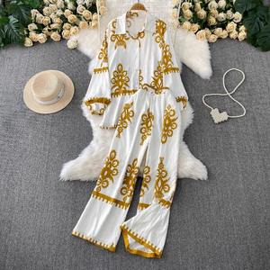 Ensemble Deux Pièces Tendance pour <span class=keywords><strong>Femme</strong></span>: Chemise Veste Imprimée à Manches Longues et Pantalon Large Ample Taille Haute - Product Image 4