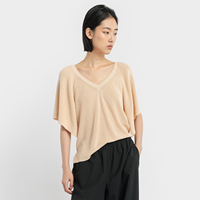 Kaos Katun Wanita Kerah V Lengan Pendek 57% Sutra 43% Katun Rajutan Halus Kemeja Musim Panas untuk Wanita Atasan Kasual Chic