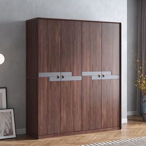 Armario Moderno Minimalista de 4 Puertas de Madera Maciza con Puertas Abatibles, Mueble de Dormitorio, Armario Grande y Duradero, Color Nogal - Product Image 1
