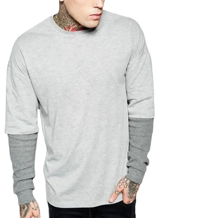 New Fashion Long Sleeve Double Layer Grey Mens Oversized Custom T Shirt 100 Cotton