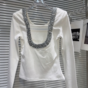 AELESEEN 2025 primavera nueva <span class=keywords><strong>camiseta</strong></span> de <span class=keywords><strong>manga</strong></span> <span class=keywords><strong>larga</strong></span> con lentejuelas plateadas para mujer lado sin espalda diseño hombrera Base <span class=keywords><strong>camiseta</strong></span> - Product Image 5