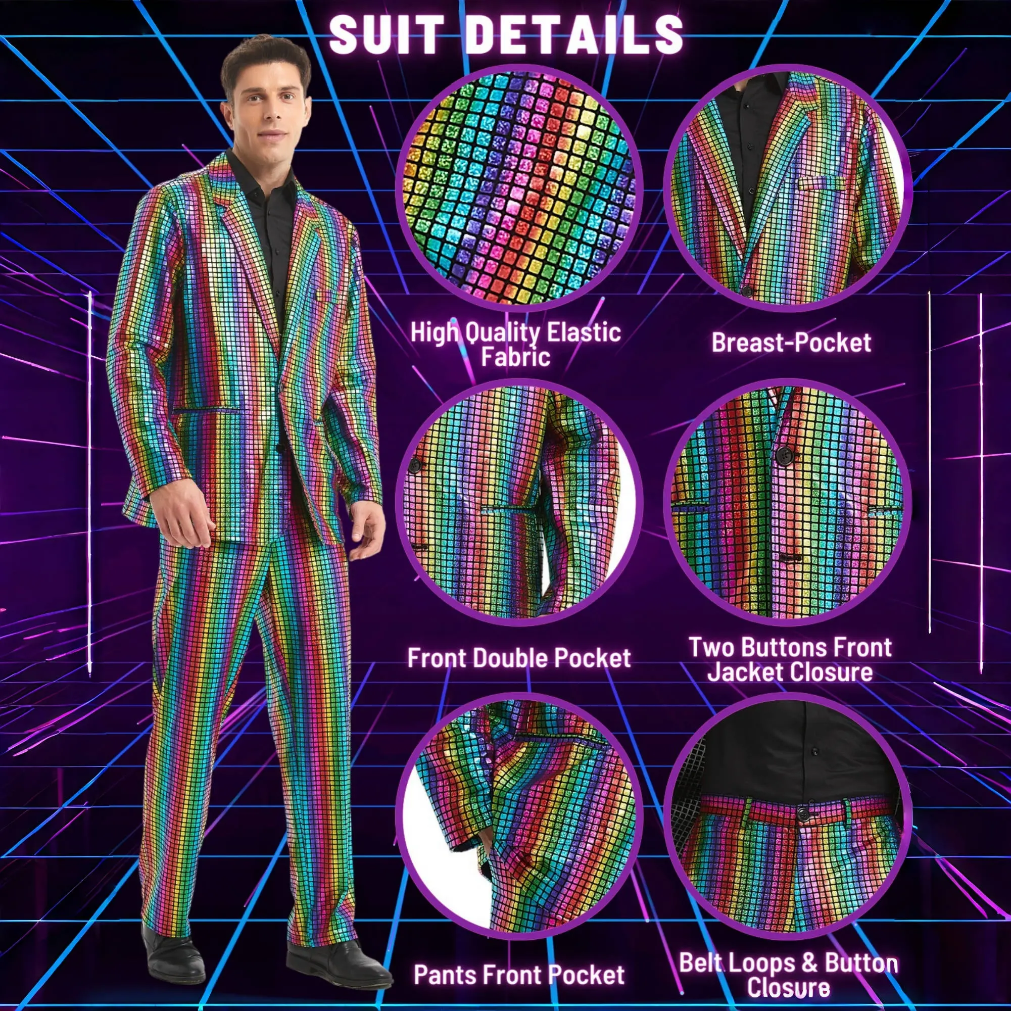 Men's Laser Shiny Suit Colorful Jacket and Pant for Adult Halloween Party and Birthday Dress up PROM Suit