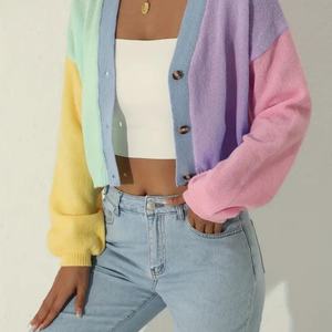 Nouvelle veste tricotée OOTD de haute qualité pour l'automne, col rond vintage, manches longues en coton, style Old Money, veste tricotée arc-en-ciel pour femme - Product Image 3