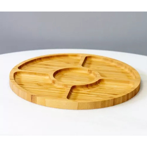 ZBBSCIファクトリーバンブーラウンドフードトレイ、パーティーケーキスナック用5コンパートメントフルーツデザートプレートプラッターフードサービングトレイ - Product Image 3