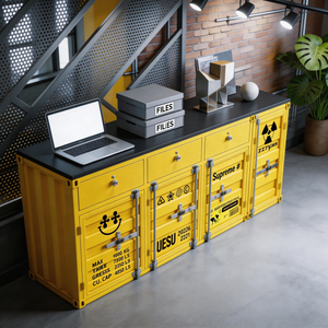 Buffet mural intégré personnalisé en fer, style industriel moderne, pour la préparation et le rangement des aliments, avec éléments décoratifs inspirés des conteneurs maritimes - Product Image 5