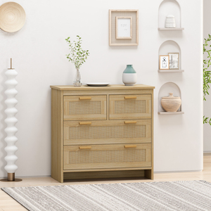 4 <b>Drawers</b> Rattan Cabinet Natural Wood Finish Bedroom Living Room <b>Storage</b> Organizer Easy Assembly - Product Image 5