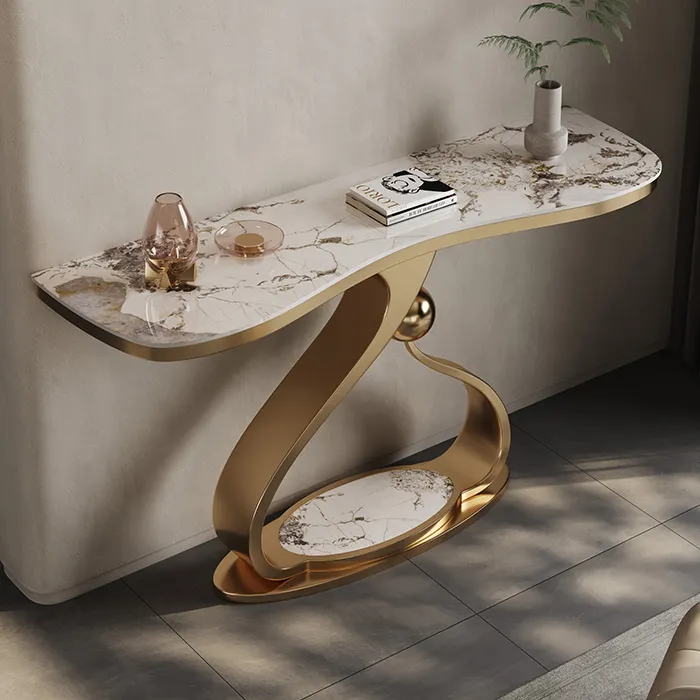 2024 Nieuwe Populaire Moderne Luxe Woonkamer Meubelkunst Elegante Foyer Roestvrijstalen Gouden Consoletafel