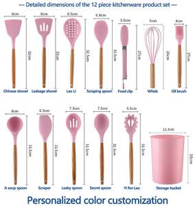 BPA Free Kochgeschirr Set Silikon löffel Spatel Turner Zange <span class=keywords><strong>12</strong></span> PCS Holzgriff Küchen utensilien Set - Product Image 2