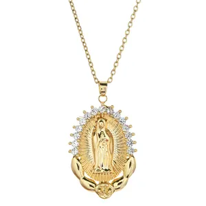 圣母玛利亚黄金颜色不锈钢链立方氧化锆妇女的项链吊坠