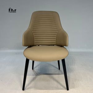 Modern Khaki PU Leather <b>Dining</b> Armchair Black Metal Legs Ribbed Back Upholstered <b>Chair</b> for Restaurant Hotel - Product Image 1